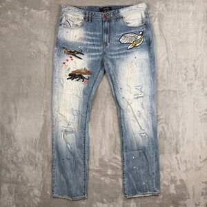 AKOO Mens Distressed Patchwork Jeans Light Wash Paint Splatter Denim Size 38